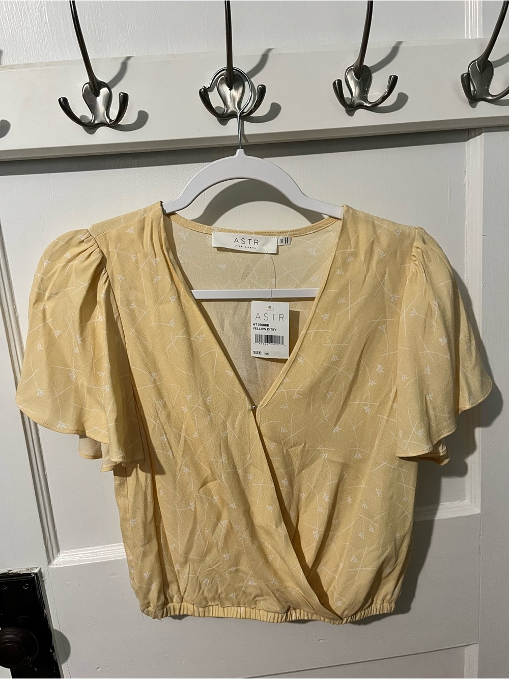 ASTR Butter Yellow Short Sleeve Floral Wrap Crop Top